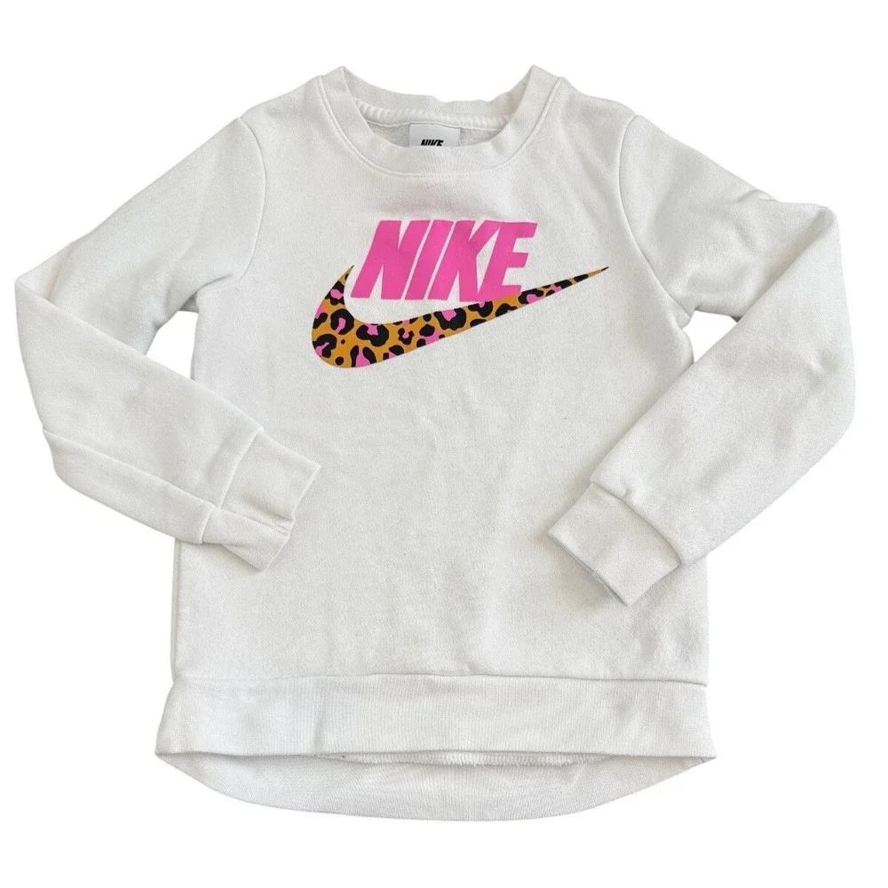 Nike Girls Sweatshirt Leopard Swoosh Pink Logo White Size 4 5Y